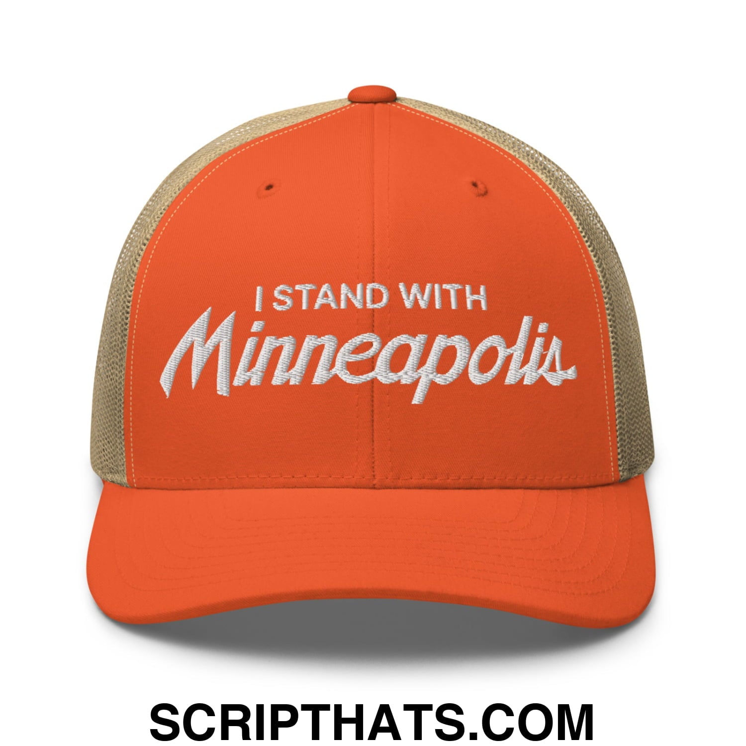 I Stand With Minneapolis Embroidered Mesh Trucker Hat Rustic Orange Khaki