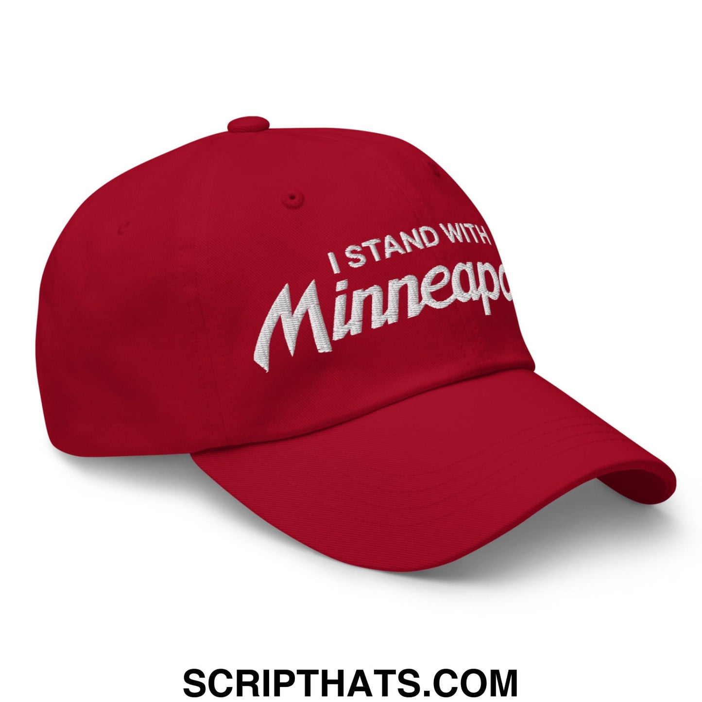 Red unstructured dad hat with white embroidered text i stand with minneapolis for casual wear