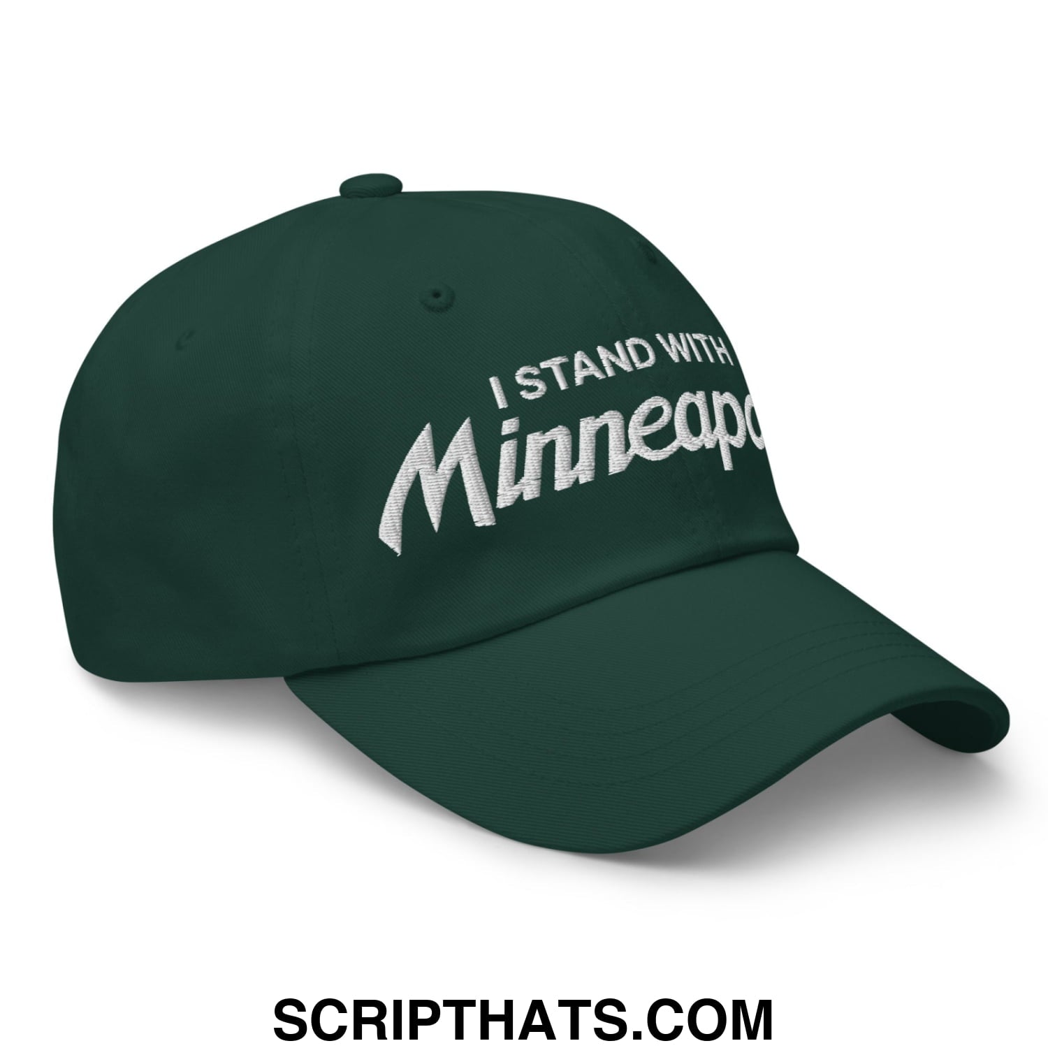 Dark green unstructured dad hat with white embroidered i stand with minneapolis text for casual wear