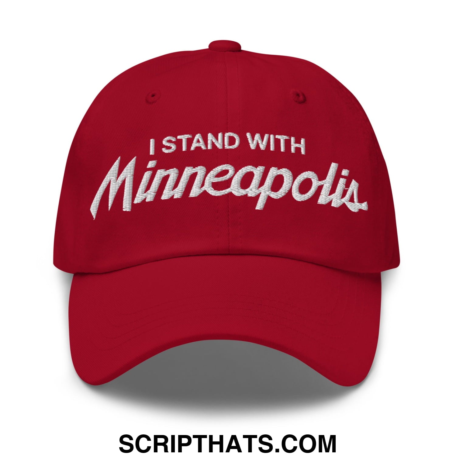 Red embroidered unstructured dad hat with white text reading i stand with minneapolis for casual wear