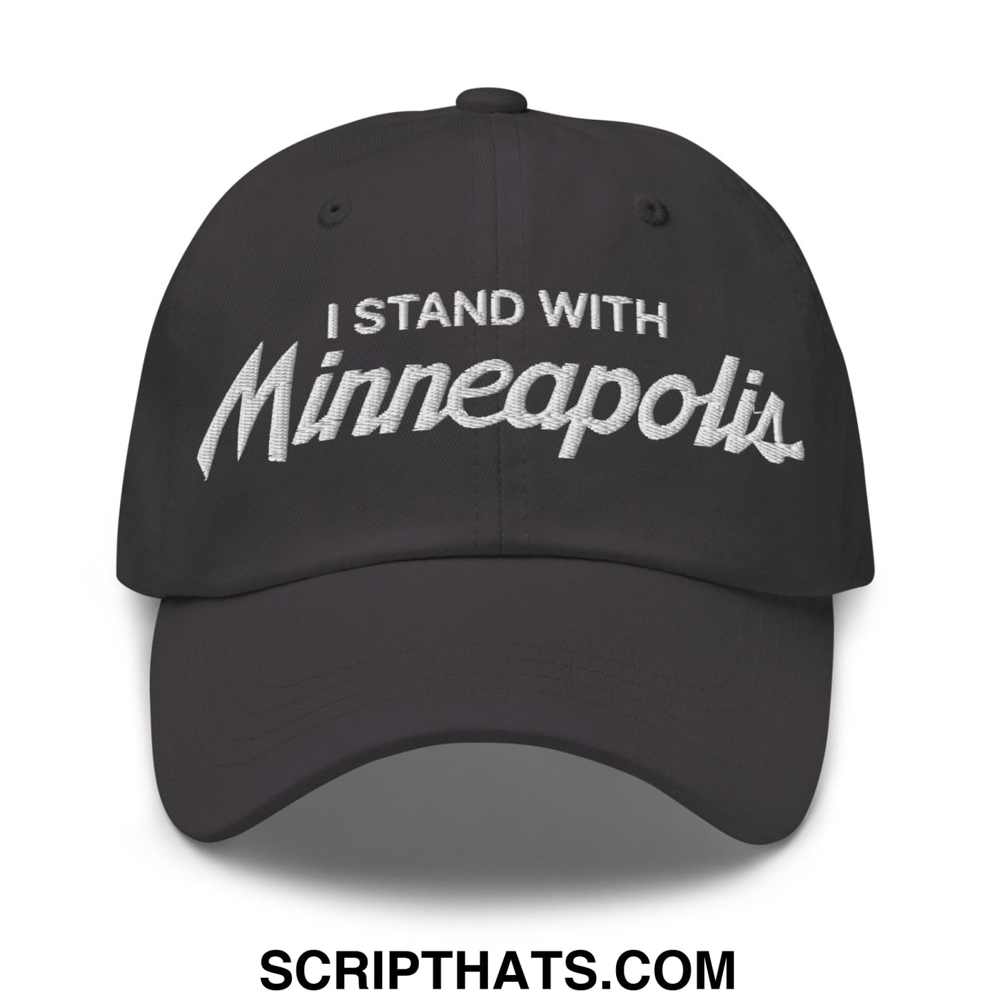 Black i stand with minneapolis embroidered unstructured dad hat featuring white script text on front panel