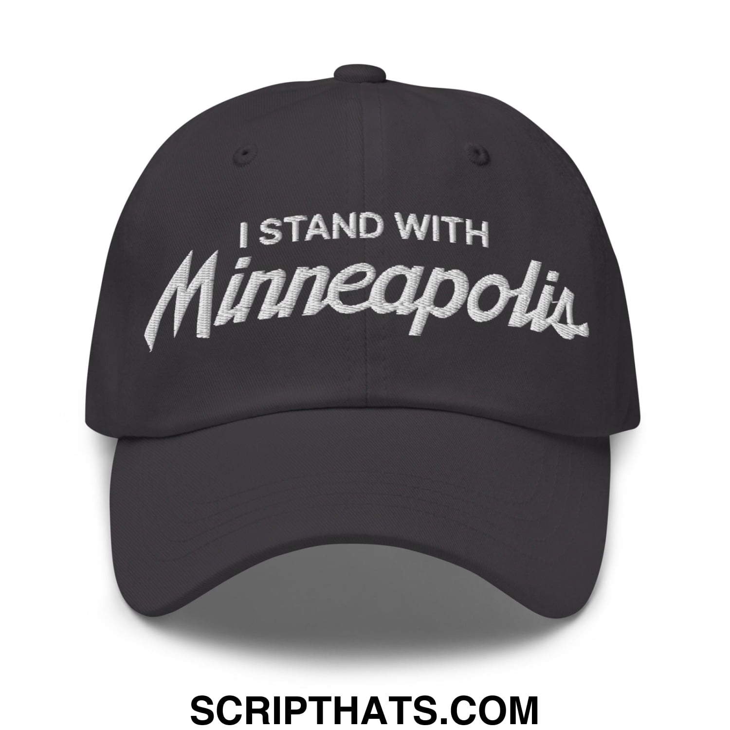 Black i stand with minneapolis embroidered unstructured dad hat featuring white script text on front panel