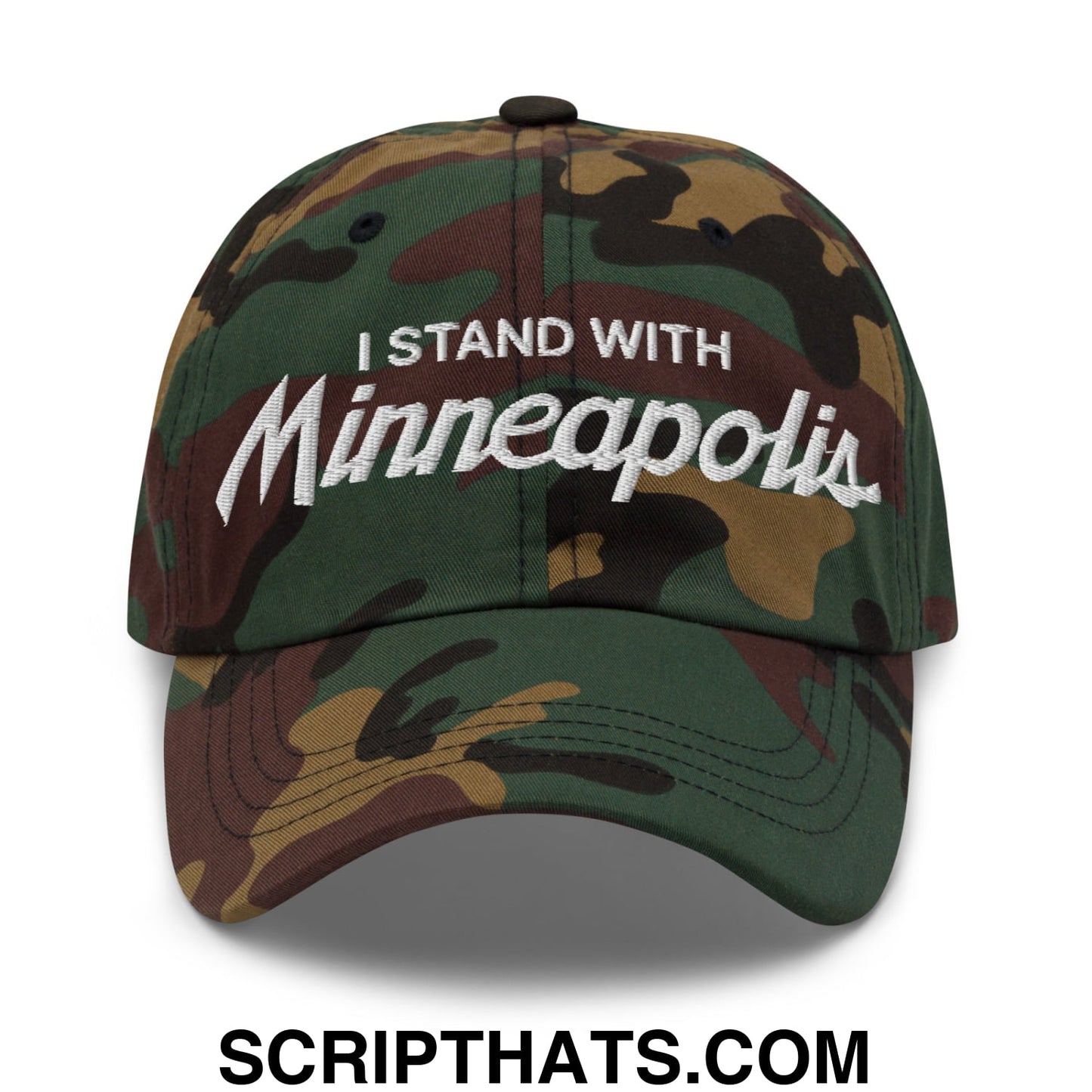 I Stand With Minneapolis Embroidered Unstructured Dad Hat Green Camo