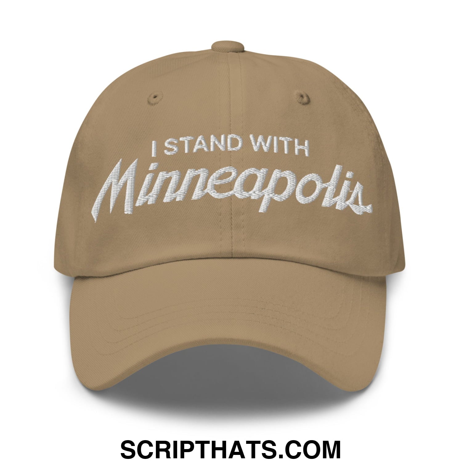Tan unstructured dad hat with white embroidered i stand with minneapolis script on front