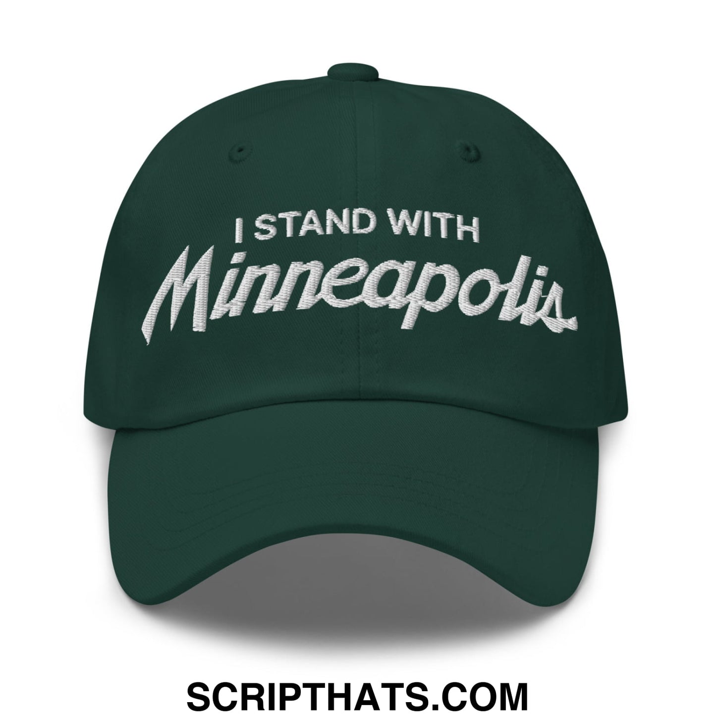 Dark green unstructured dad hat with white embroidered i stand with minneapolis text for casual wear