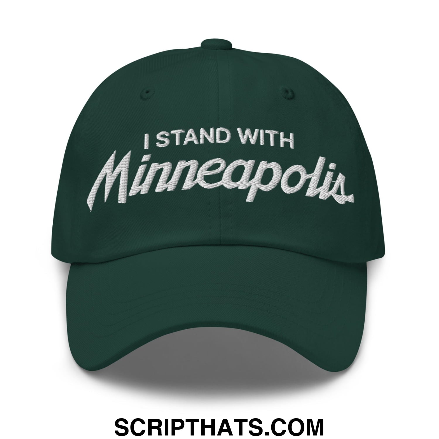 Dark green unstructured dad hat with white embroidered i stand with minneapolis text for casual wear