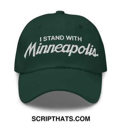 Dark green unstructured dad hat with white embroidered i stand with minneapolis text for casual wear