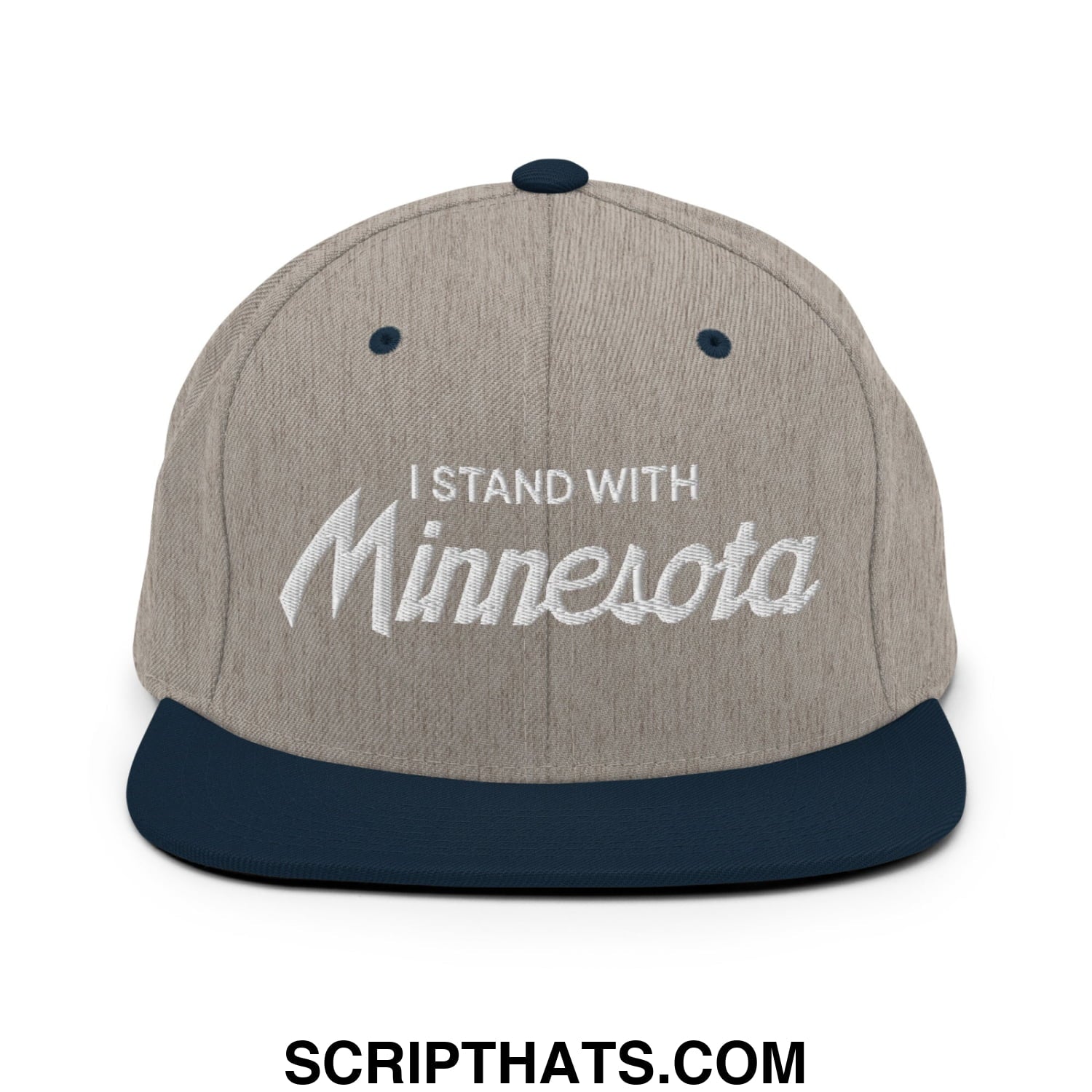 I Stand With Minnesota Embroidered Flat Bill Brim Snapback Hat Heather Grey Navy