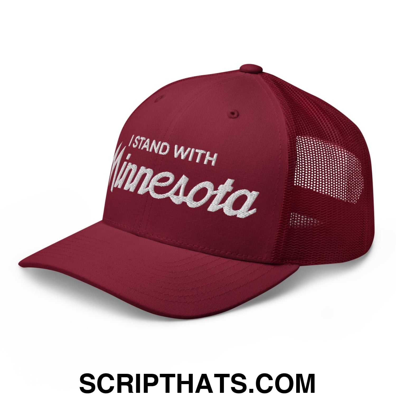 I Stand With Minnesota Embroidered Mesh Trucker Hat Cranberry