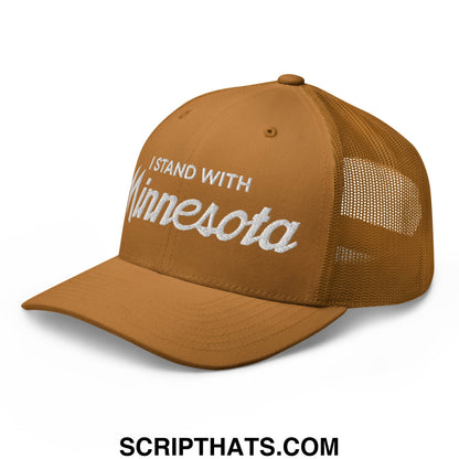 I Stand With Minnesota Embroidered Mesh Trucker Hat Caramel