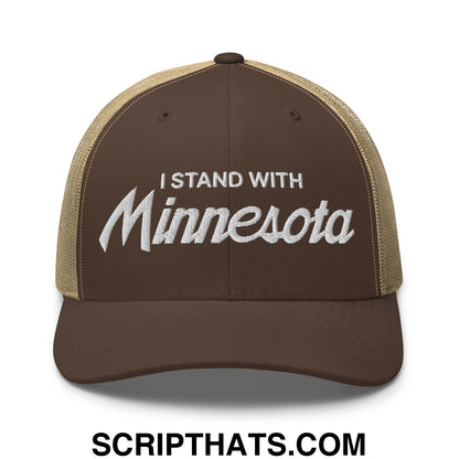 I Stand With Minnesota Embroidered Mesh Trucker Hat Brown Khaki