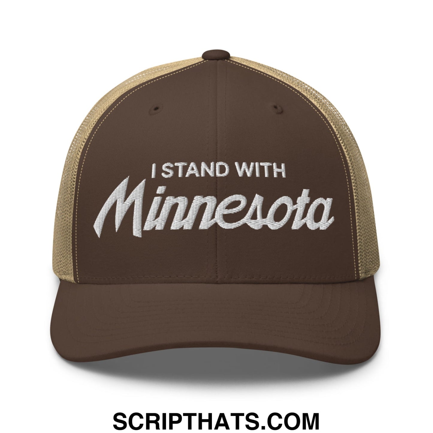 I Stand With Minnesota Embroidered Mesh Trucker Hat Brown Khaki
