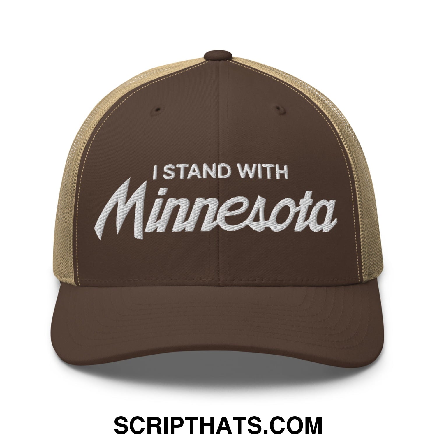 I Stand With Minnesota Embroidered Mesh Trucker Hat Brown Khaki