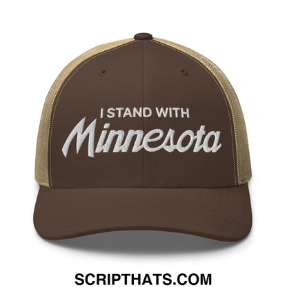 I Stand With Minnesota Embroidered Mesh Trucker Hat Brown Khaki