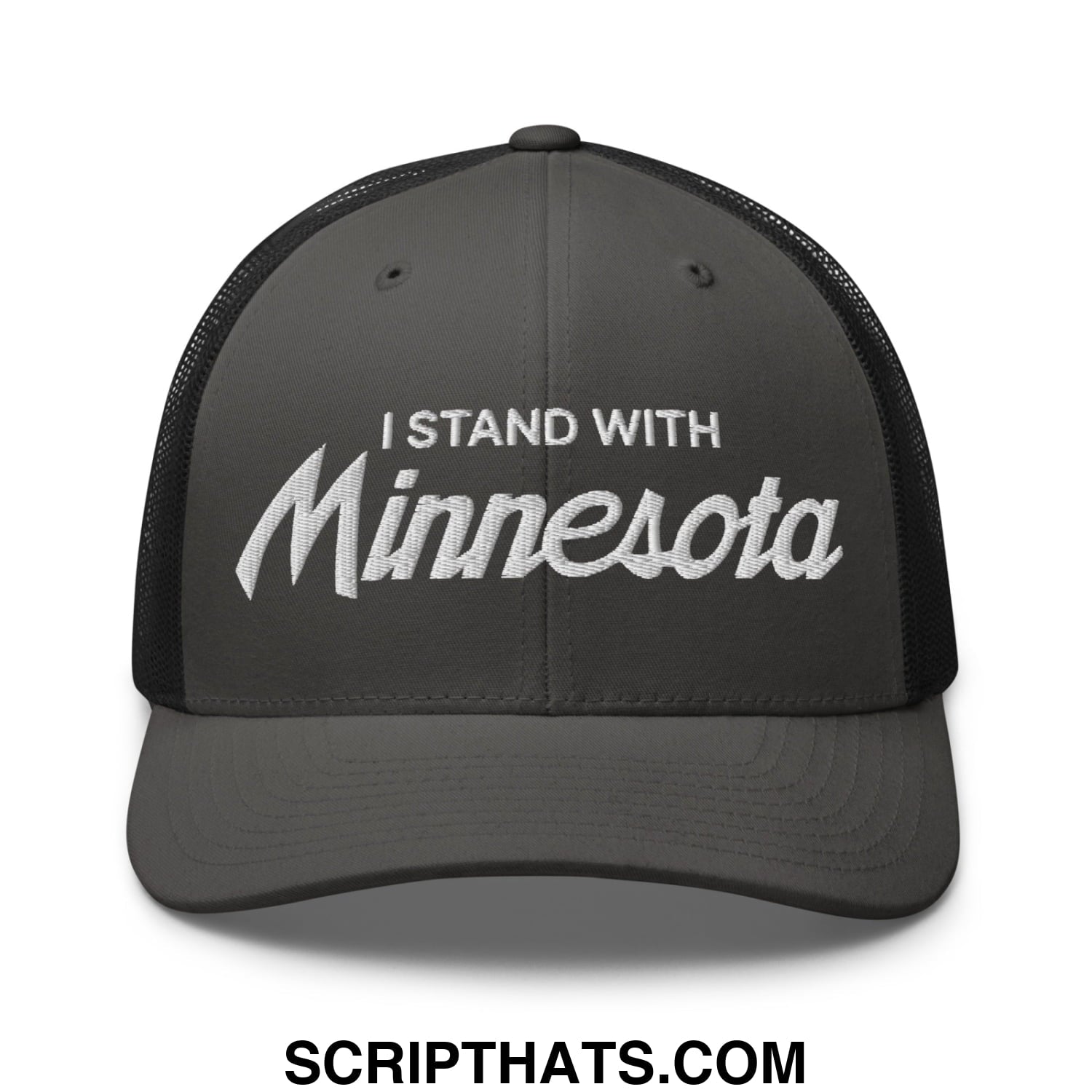 I Stand With Minnesota Embroidered Mesh Trucker Hat Charcoal Black