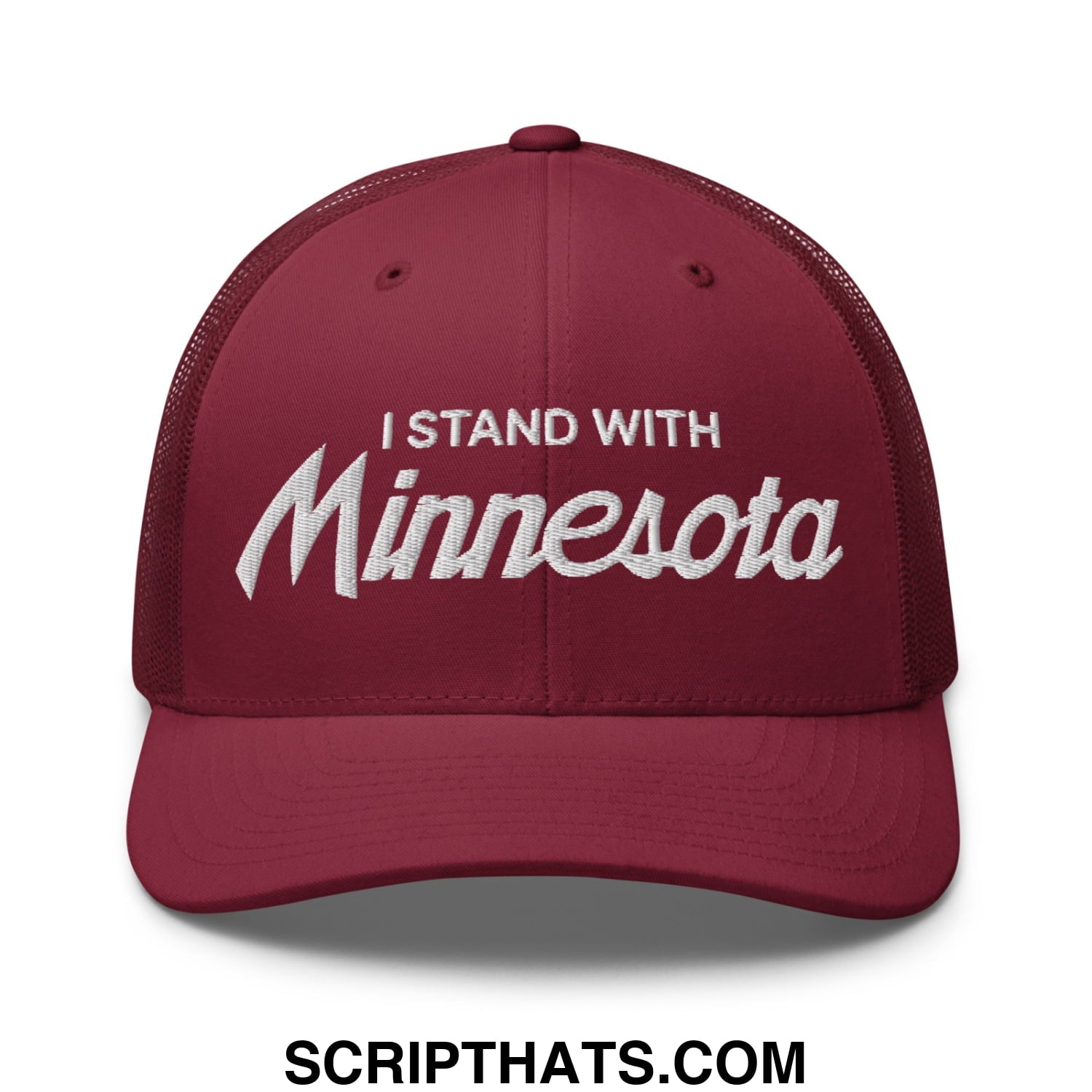 I Stand With Minnesota Embroidered Mesh Trucker Hat Cranberry