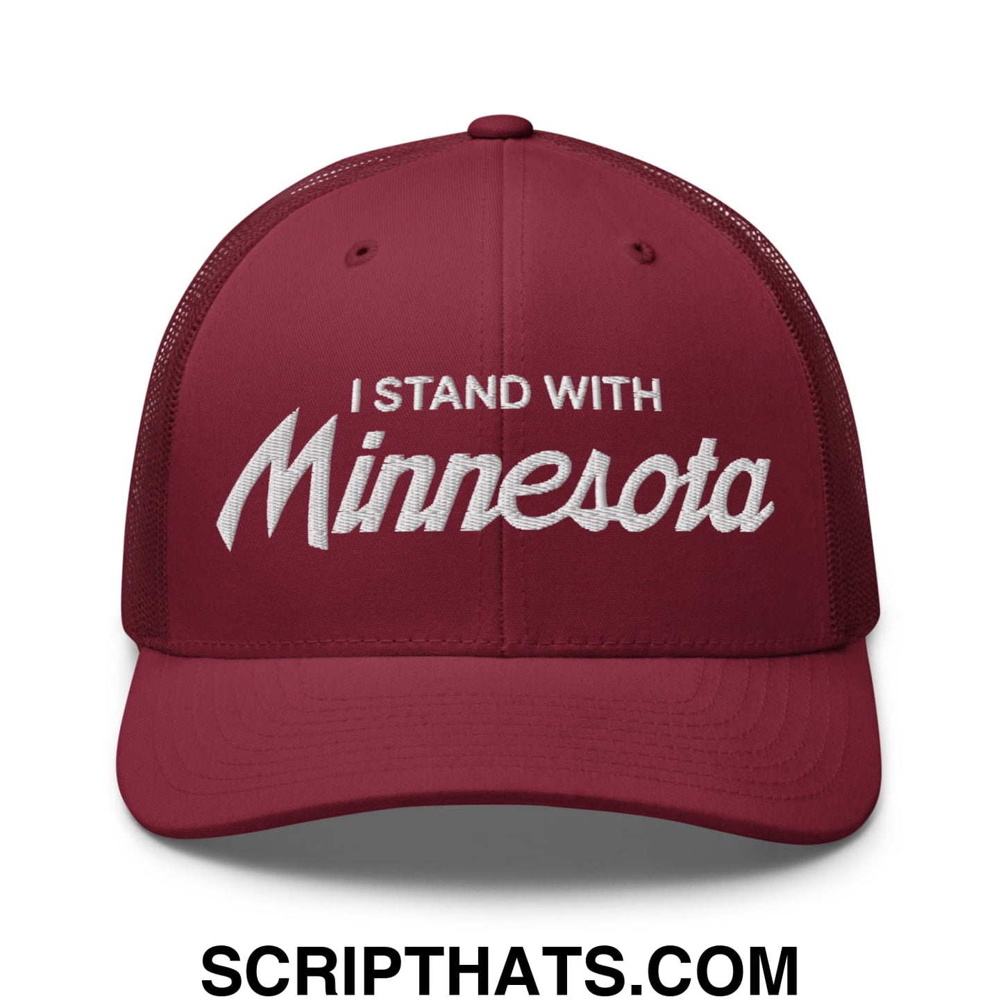 I Stand With Minnesota Embroidered Mesh Trucker Hat Cranberry