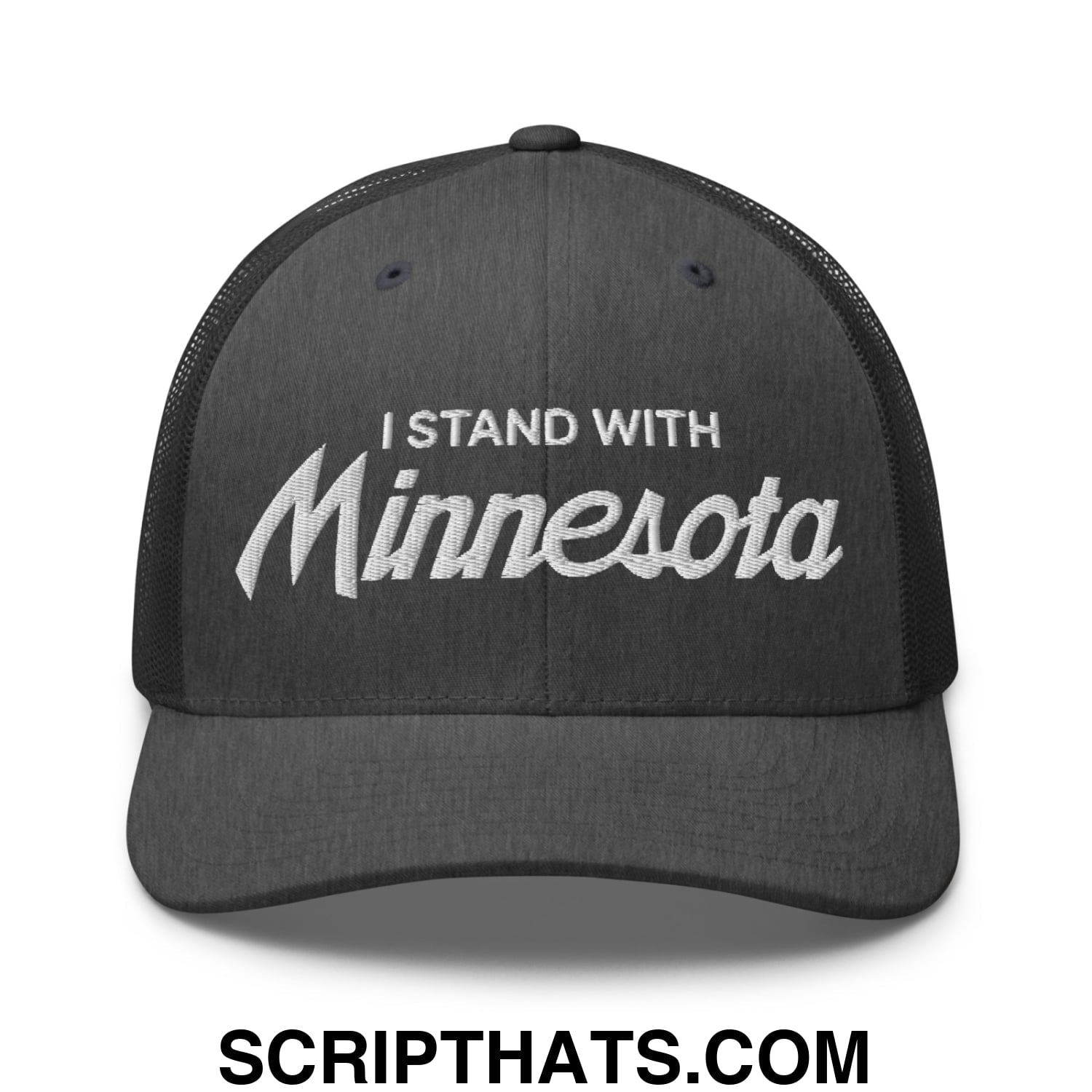 I Stand With Minnesota Embroidered Mesh Trucker Hat Dark Heather Gray