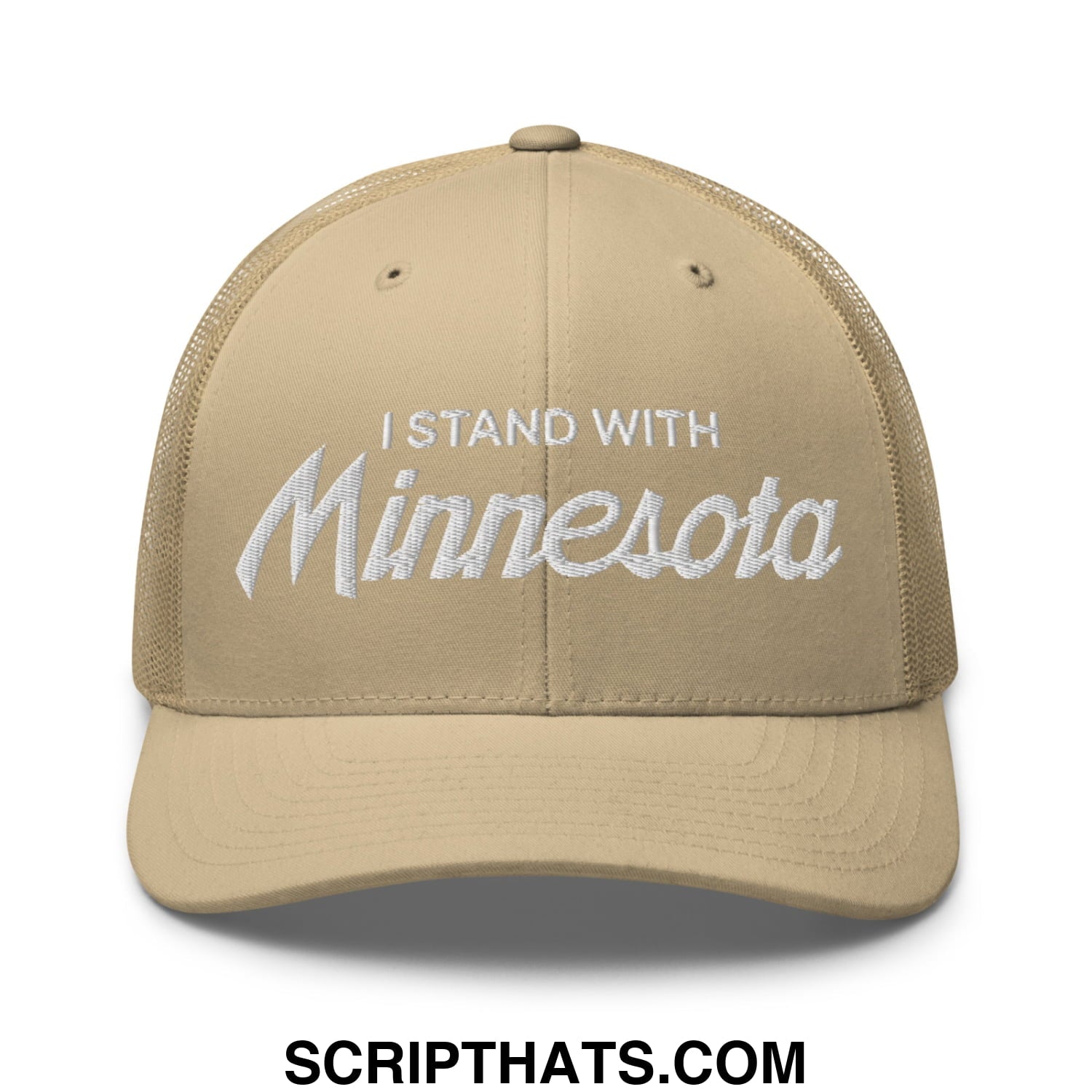 I Stand With Minnesota Embroidered Mesh Trucker Hat Khaki