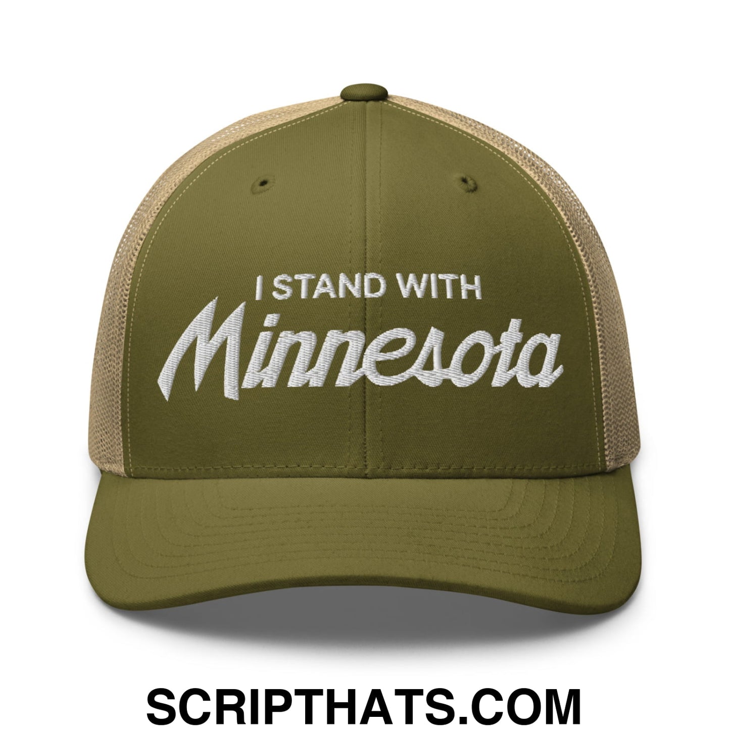 I Stand With Minnesota Embroidered Mesh Trucker Hat Moss Khaki