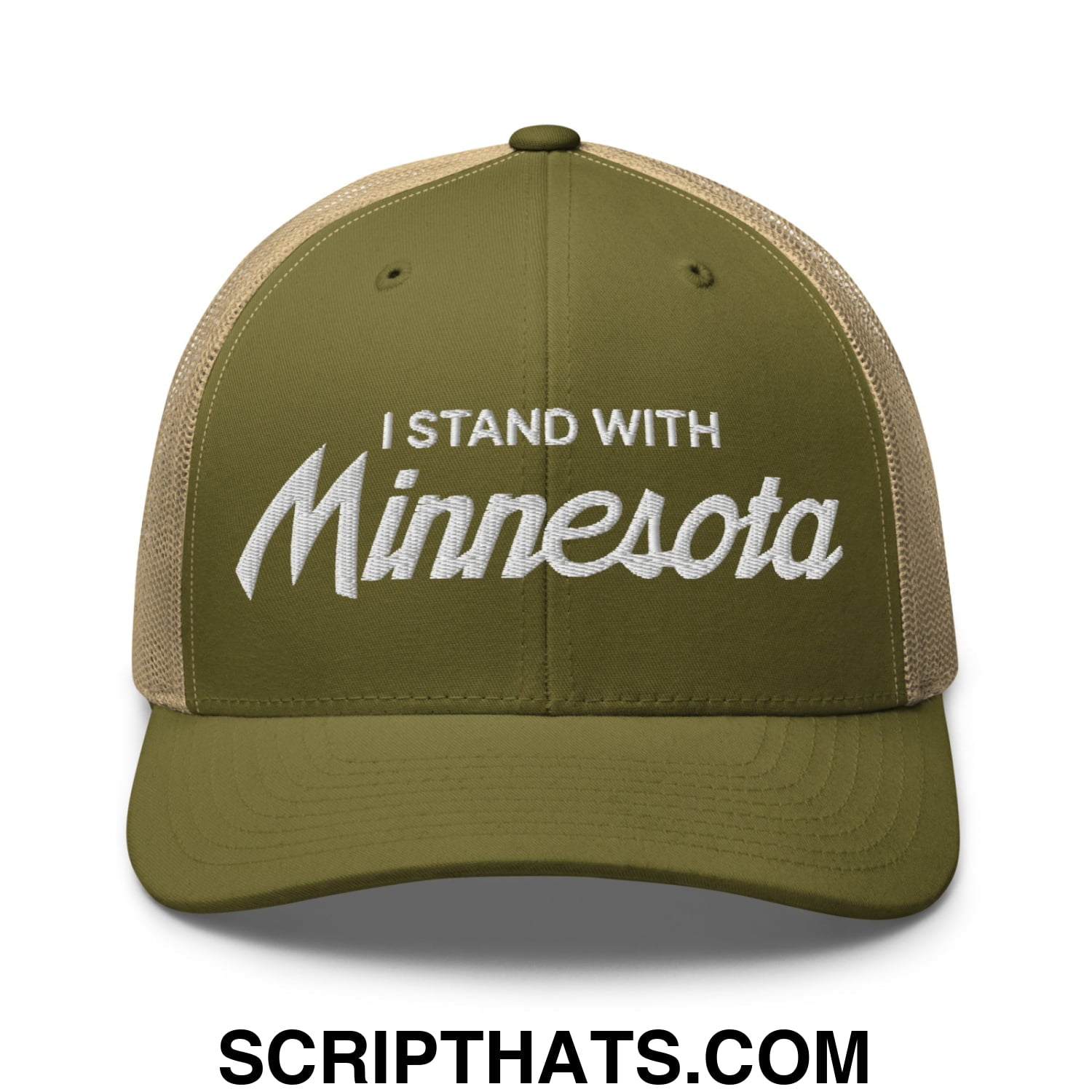 I Stand With Minnesota Embroidered Mesh Trucker Hat Moss Khaki