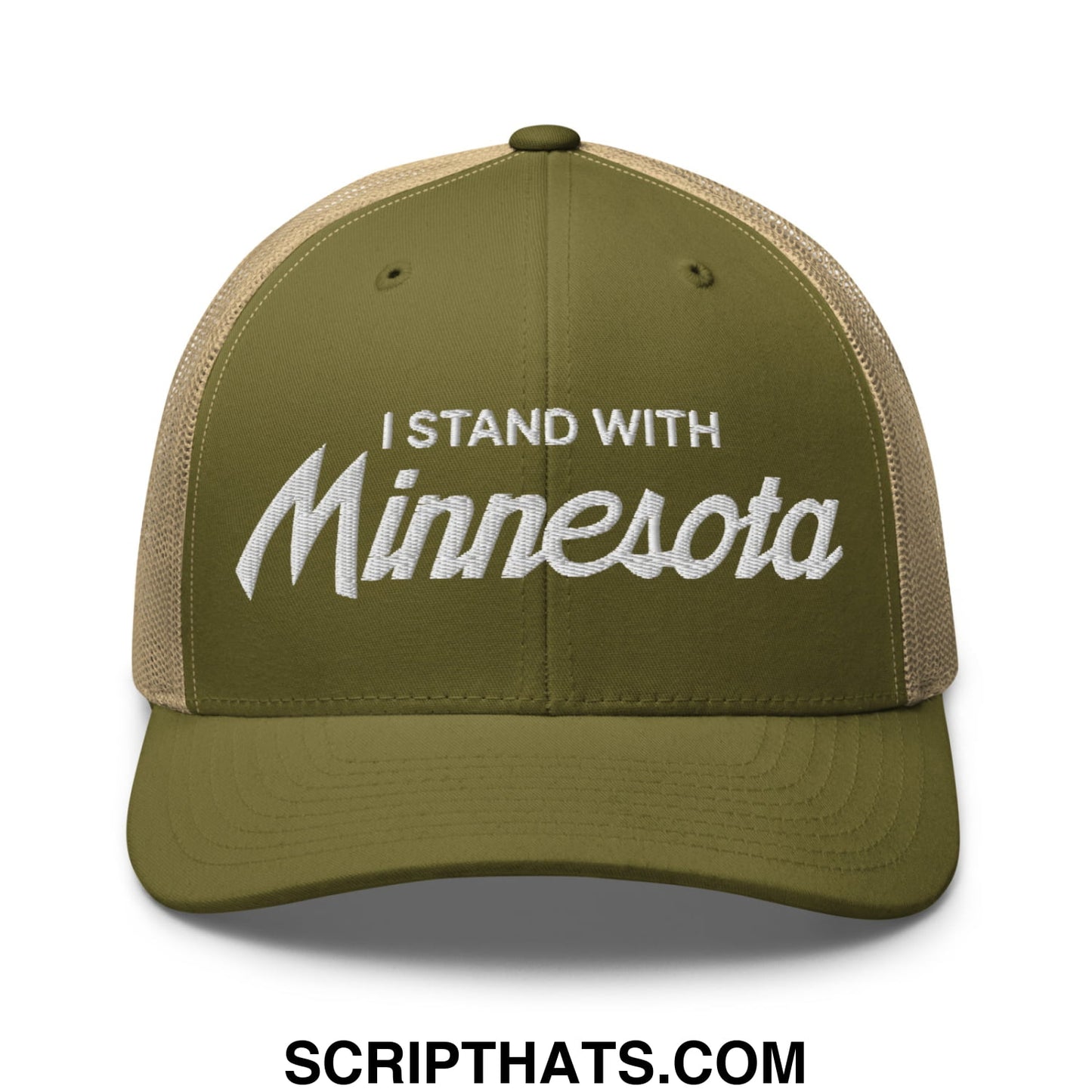 I Stand With Minnesota Embroidered Mesh Trucker Hat Moss Khaki