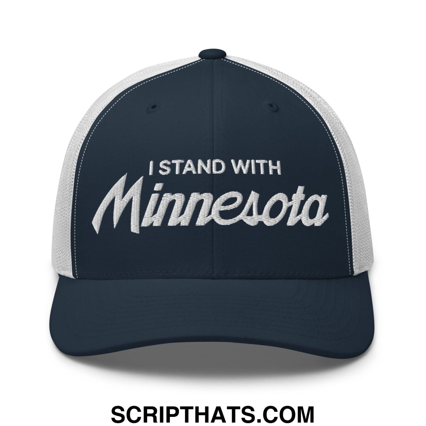 I Stand With Minnesota Embroidered Mesh Trucker Hat Navy White