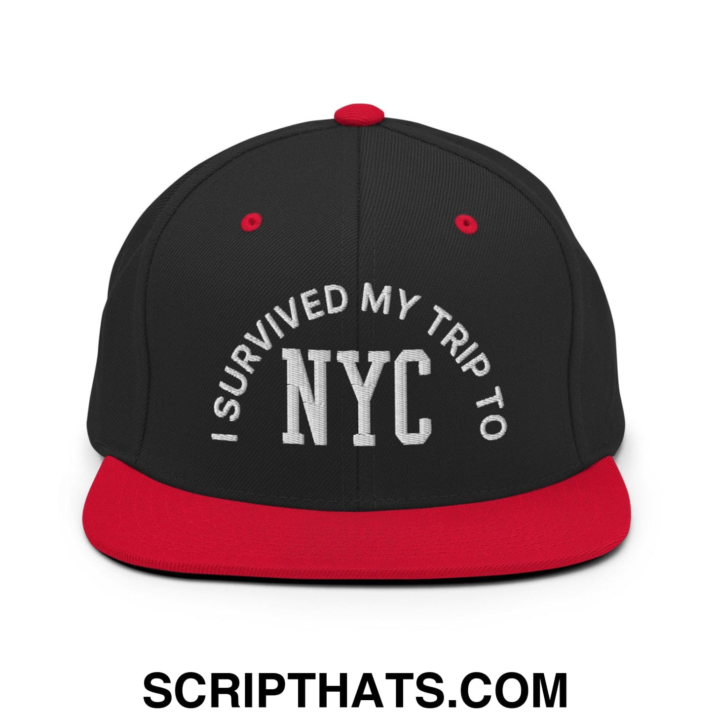 I Survived My Trip to NYC Embroidered Flat Bill Brim Snapback Hat Black Red