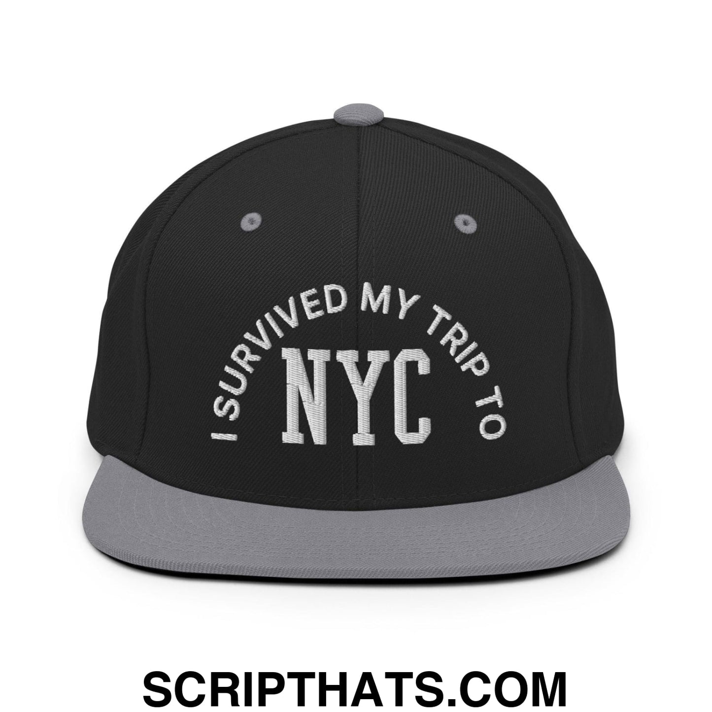 I Survived My Trip to NYC Embroidered Flat Bill Brim Snapback Hat Black Silver