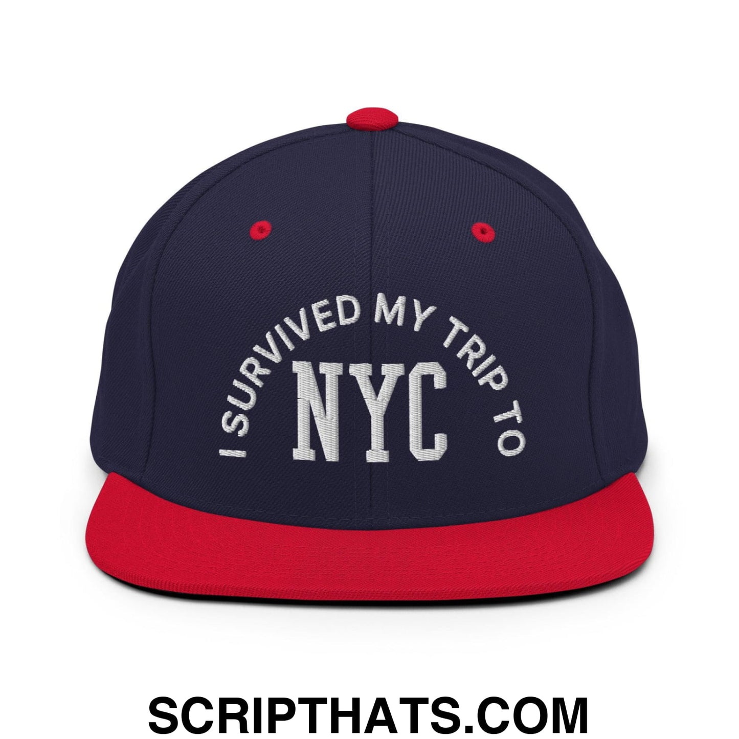 I Survived My Trip to NYC Embroidered Flat Bill Brim Snapback Hat Navy Red