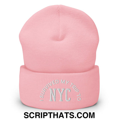 I Survived My Trip to NYC Embroidered Knit Cuffed Beanie Baby Pink