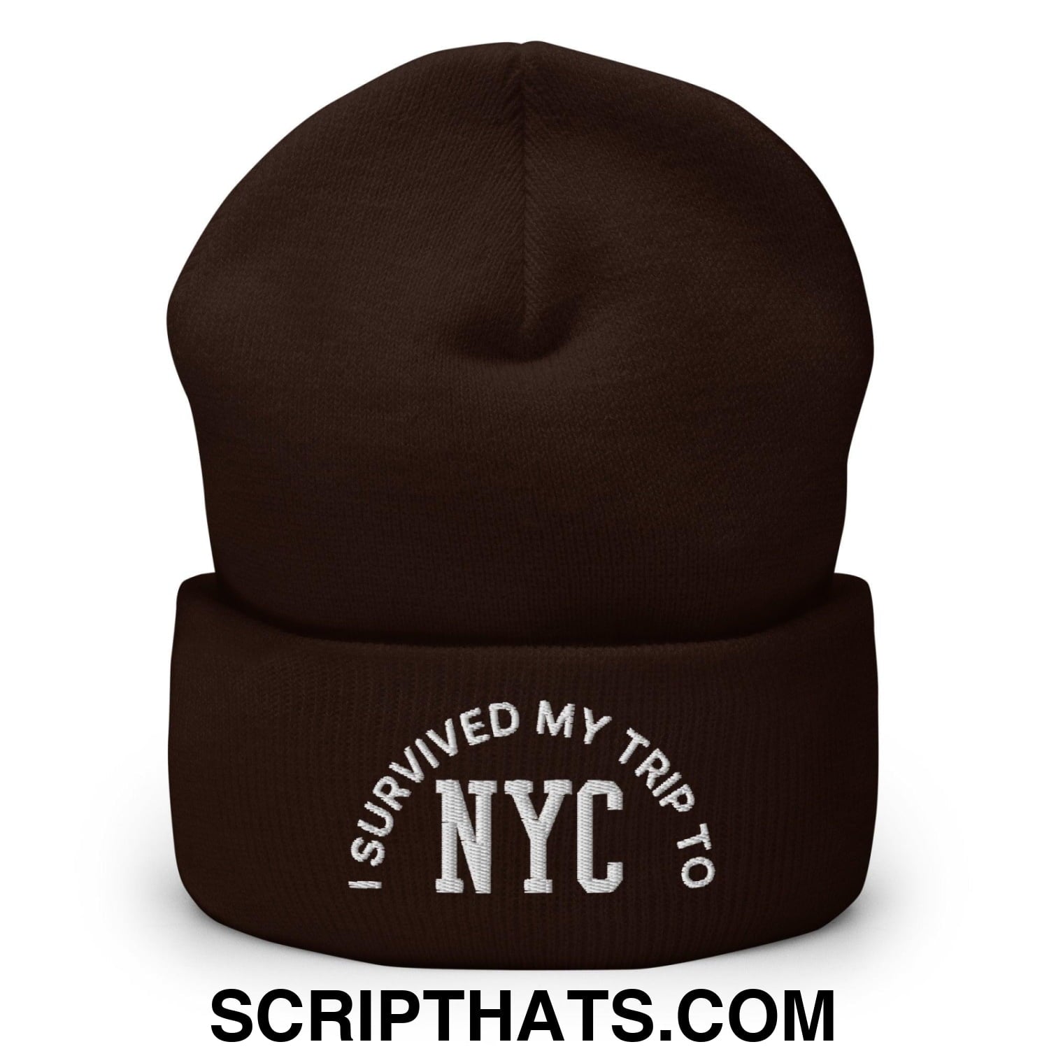 I Survived My Trip to NYC Embroidered Knit Cuffed Beanie Brown