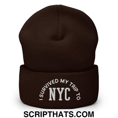 I Survived My Trip to NYC Embroidered Knit Cuffed Beanie Brown