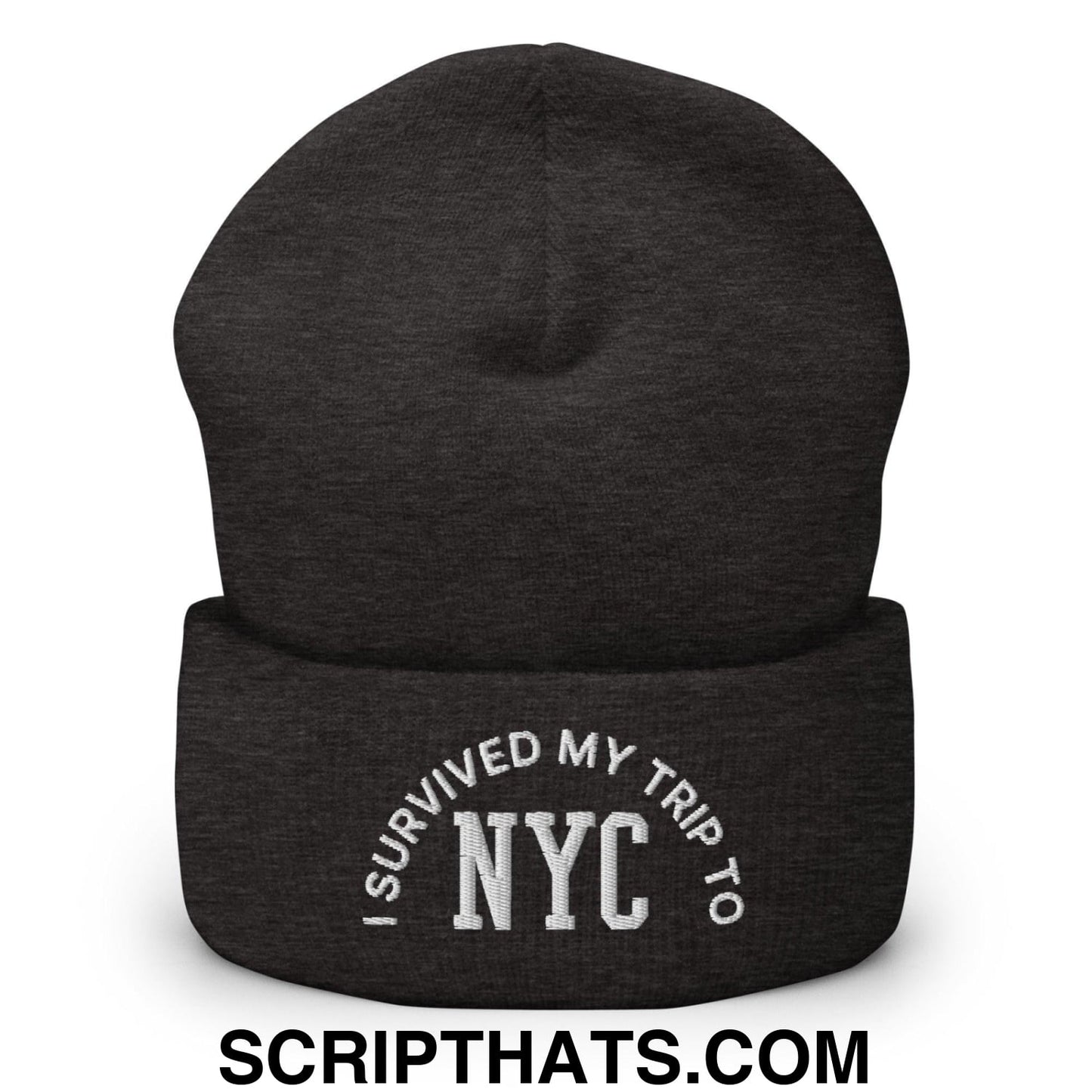I Survived My Trip to NYC Embroidered Knit Cuffed Beanie Dark Grey