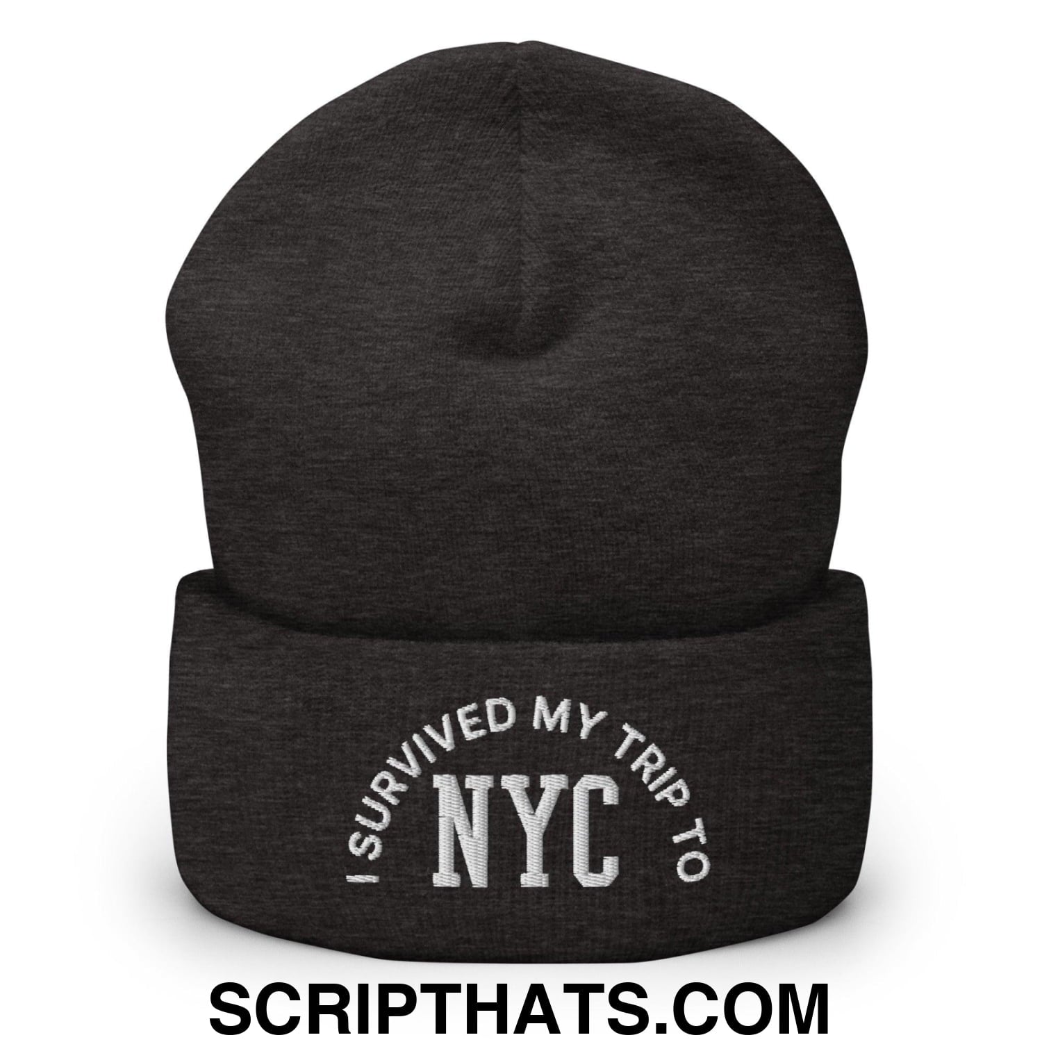 I Survived My Trip to NYC Embroidered Knit Cuffed Beanie Dark Grey