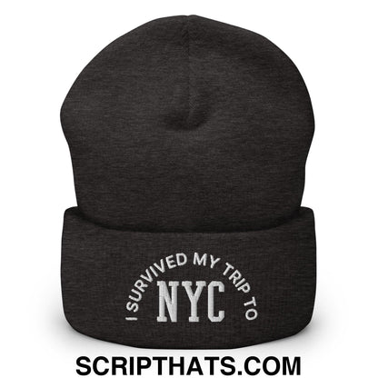 I Survived My Trip to NYC Embroidered Knit Cuffed Beanie Dark Grey