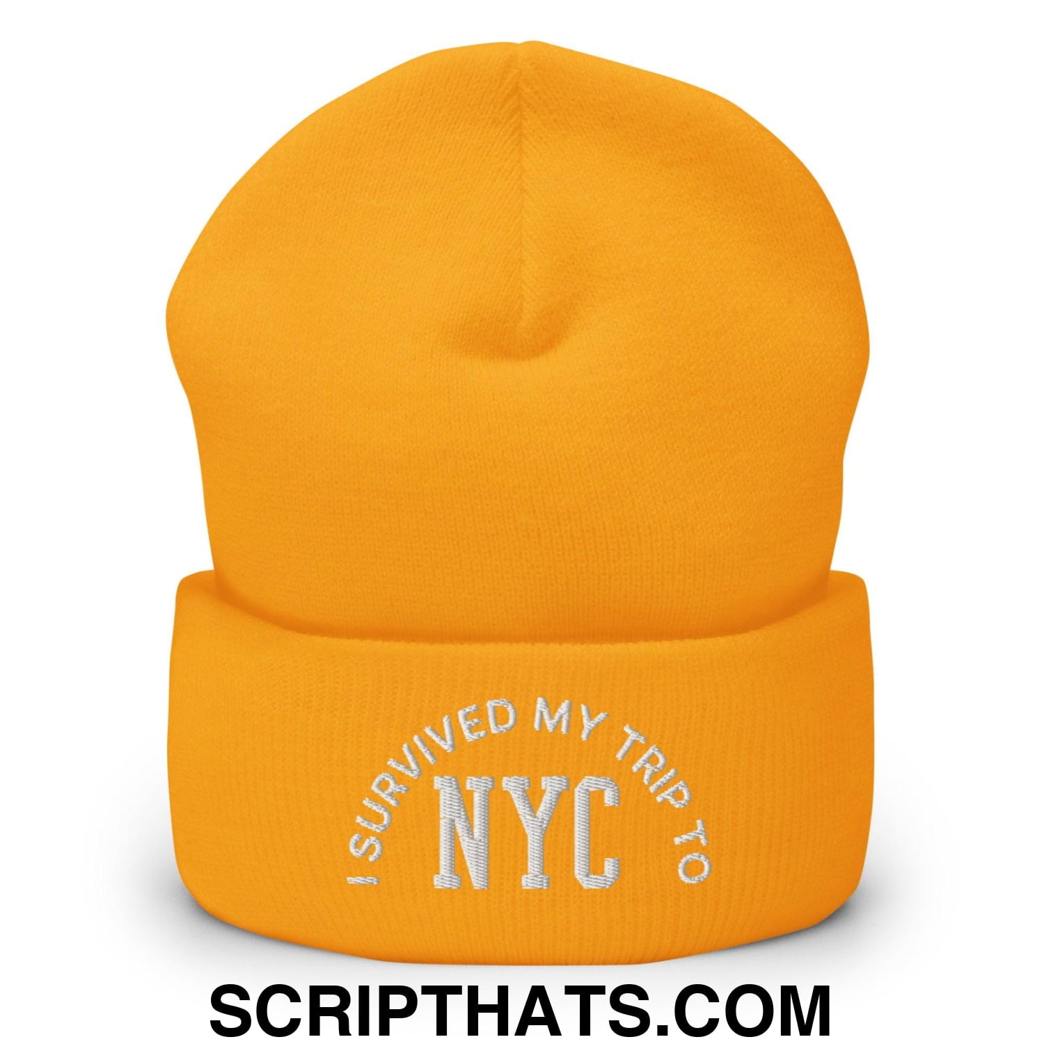 I Survived My Trip to NYC Embroidered Knit Cuffed Beanie Gold