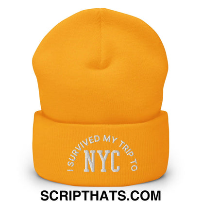 I Survived My Trip to NYC Embroidered Knit Cuffed Beanie Gold