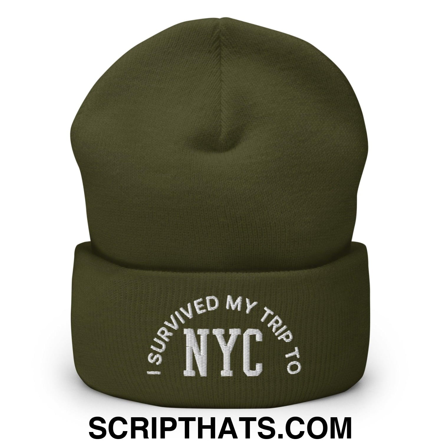 I Survived My Trip to NYC Embroidered Knit Cuffed Beanie Olive