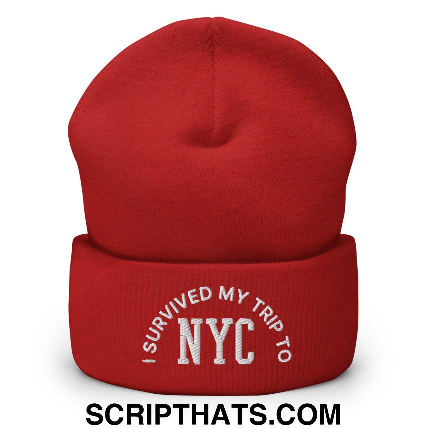 I Survived My Trip to NYC Embroidered Knit Cuffed Beanie Red