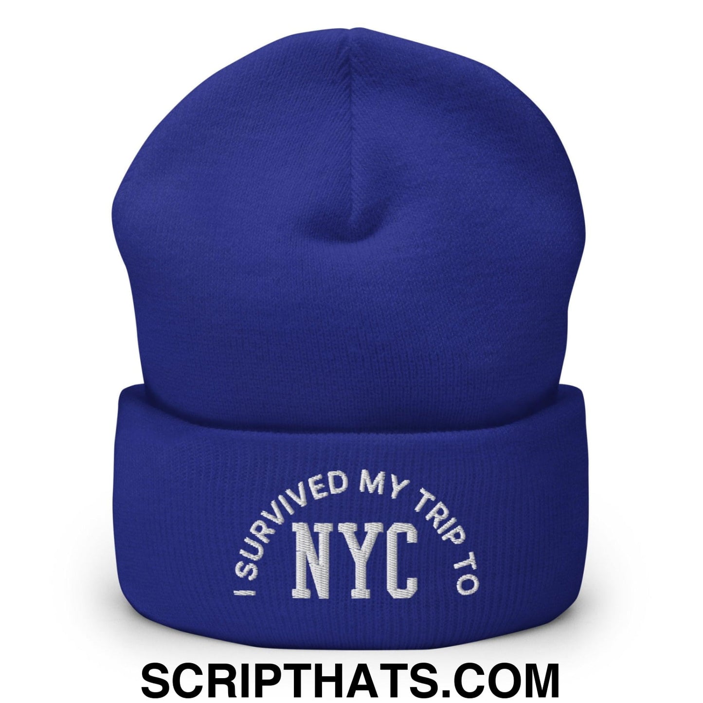 I Survived My Trip to NYC Embroidered Knit Cuffed Beanie Royal