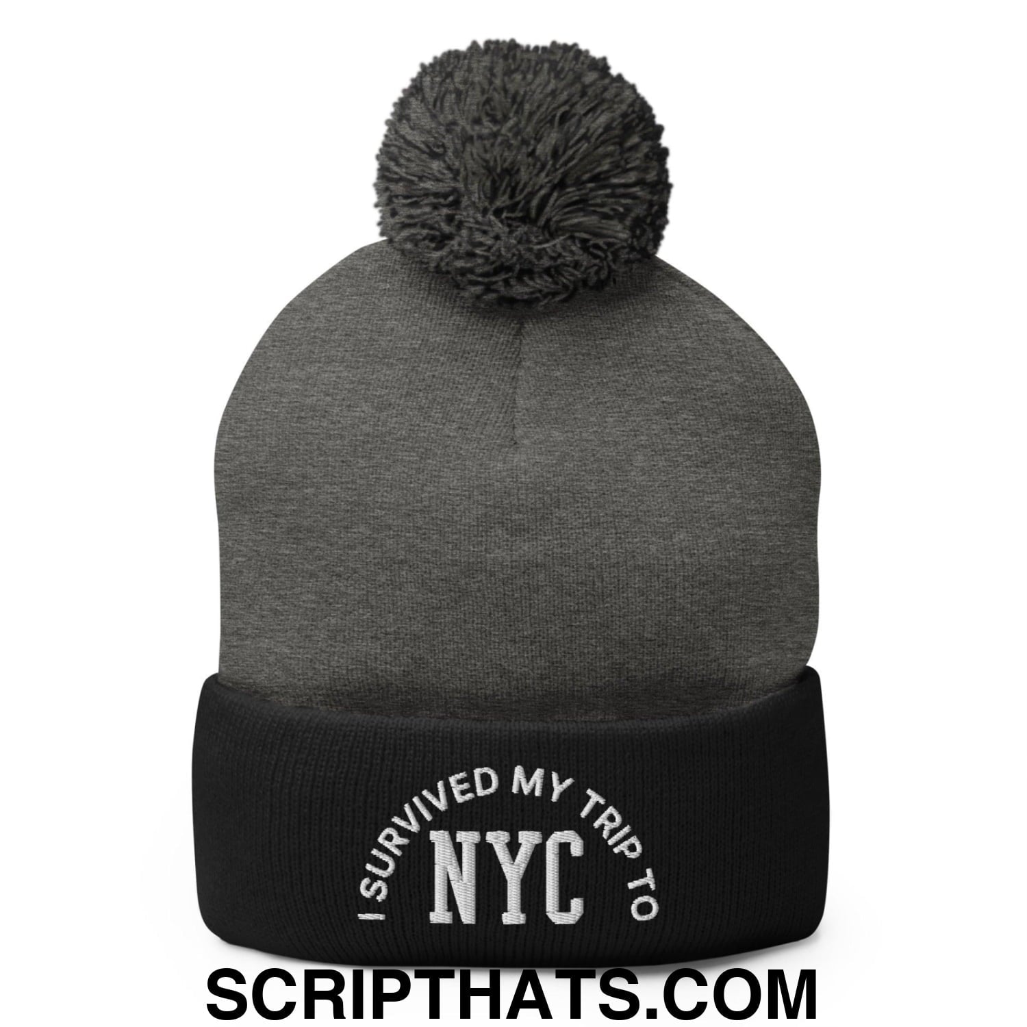 I Survived My Trip to NYC Embroidered Knit Pom Pom Beanie Dark Heather Grey Black