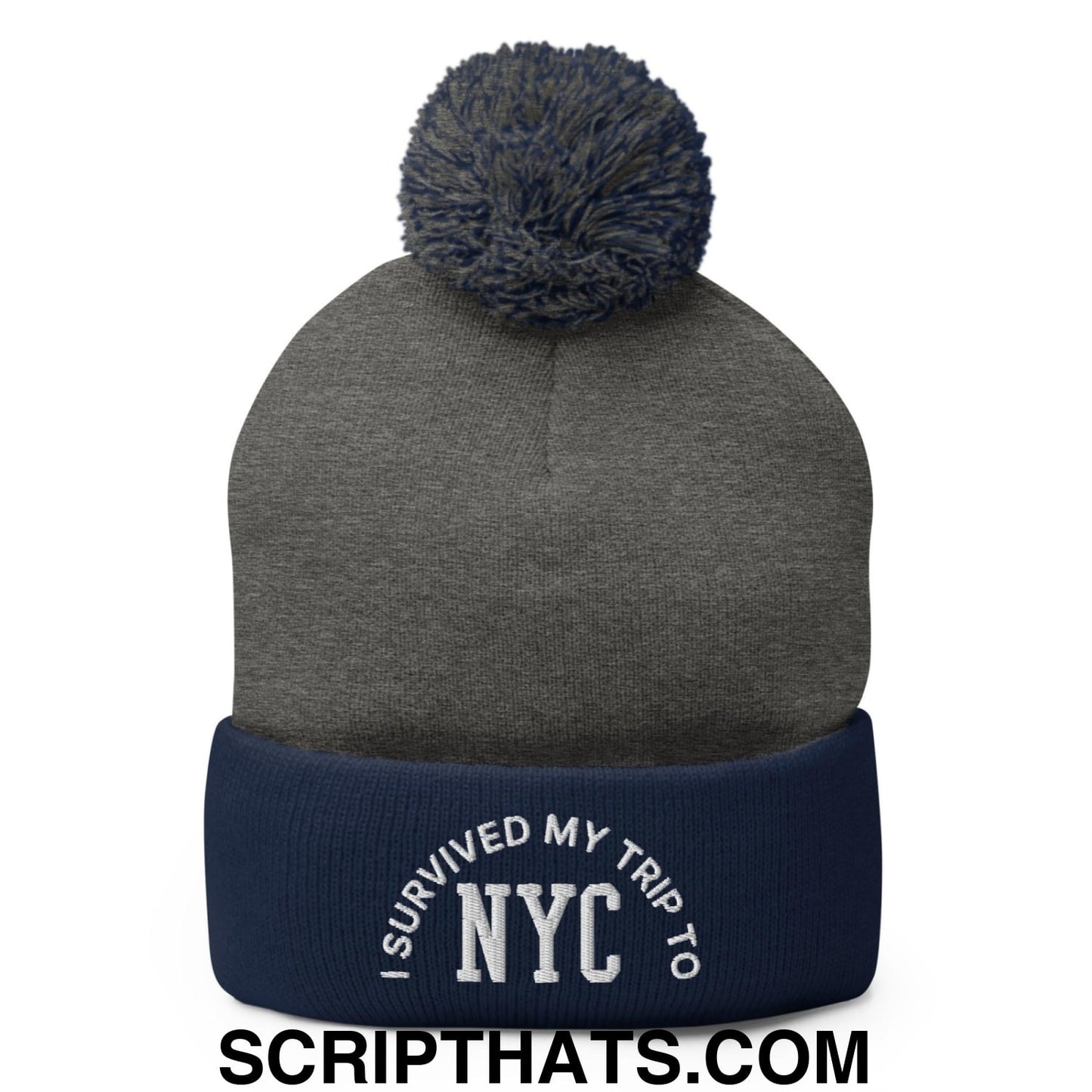 I Survived My Trip to NYC Embroidered Knit Pom Pom Beanie Dark Heather Grey Navy
