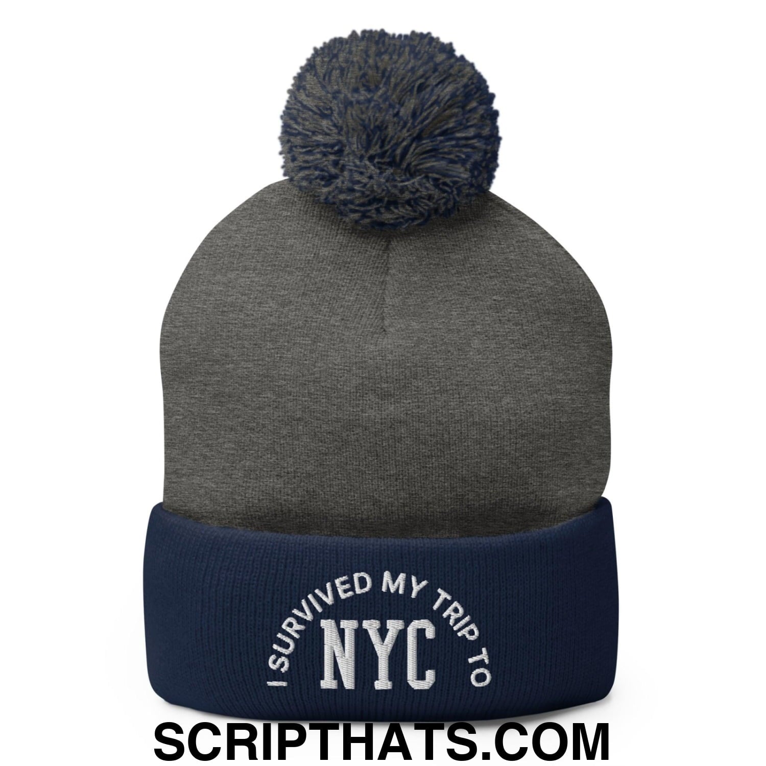 I Survived My Trip to NYC Embroidered Knit Pom Pom Beanie Dark Heather Grey Navy