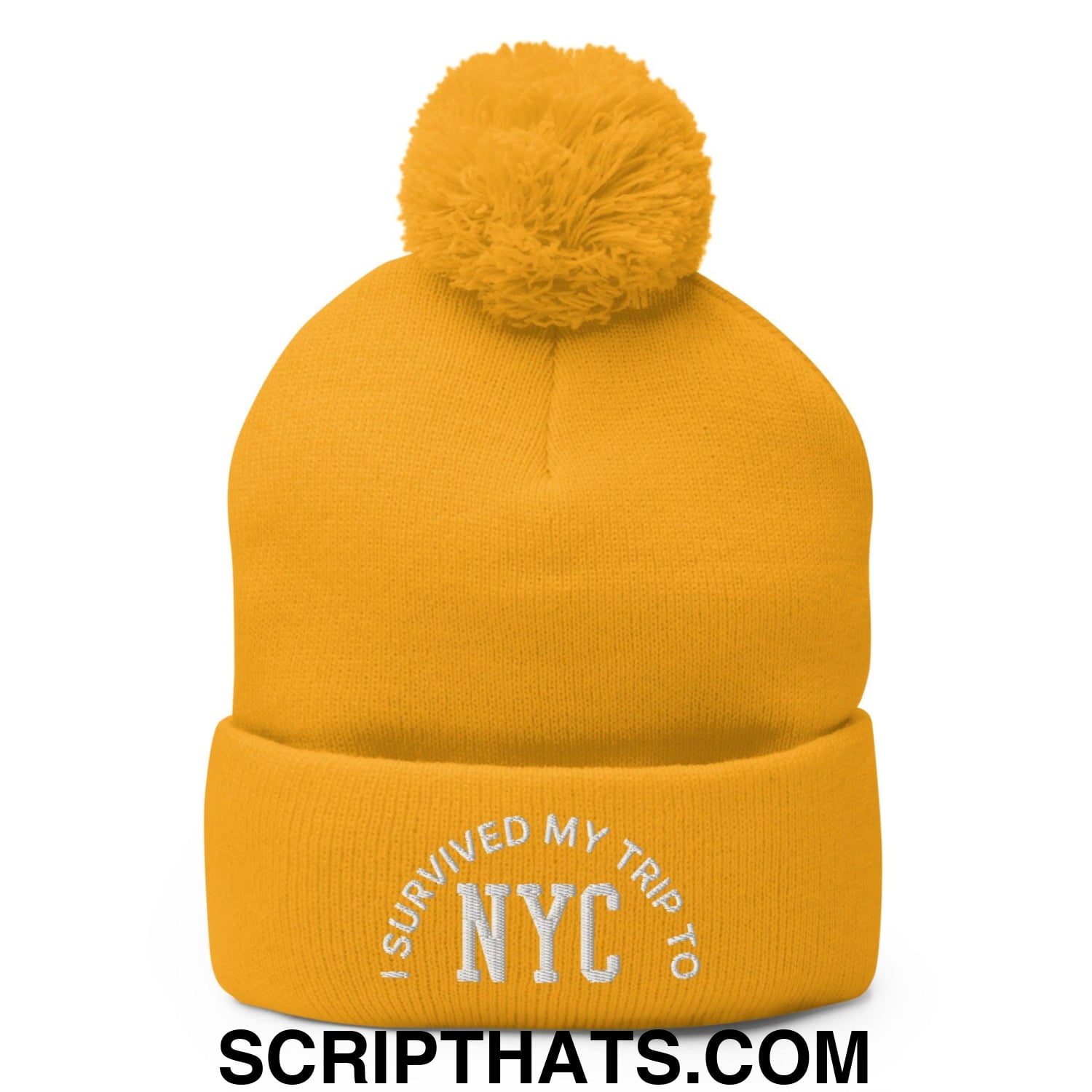 I Survived My Trip to NYC Embroidered Knit Pom Pom Beanie Gold