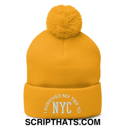 I Survived My Trip to NYC Embroidered Knit Pom Pom Beanie Gold
