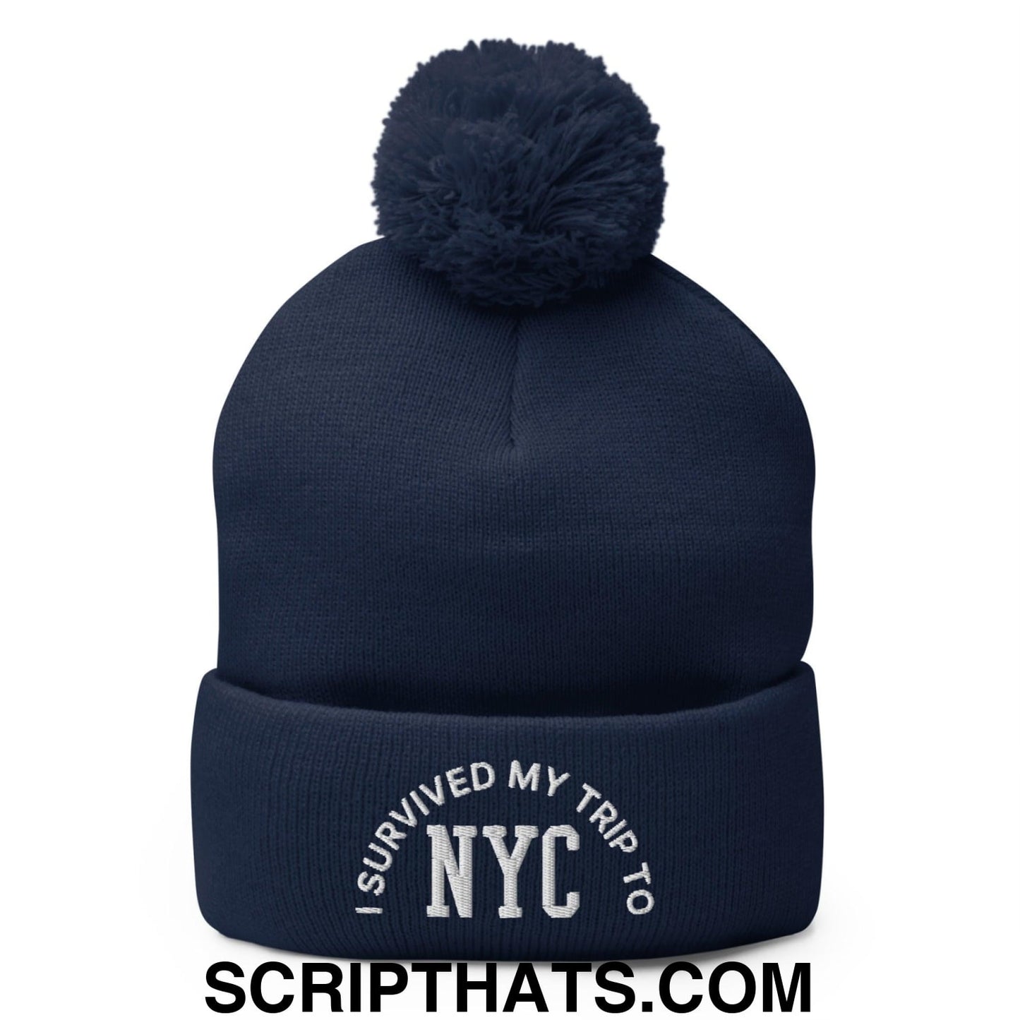 I Survived My Trip to NYC Embroidered Knit Pom Pom Beanie Navy