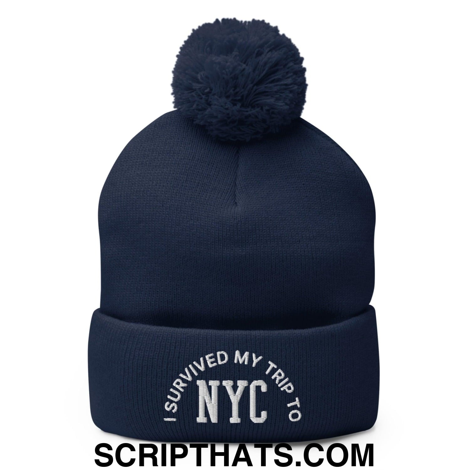 I Survived My Trip to NYC Embroidered Knit Pom Pom Beanie Navy