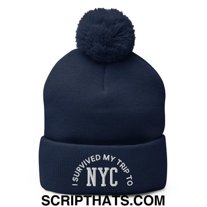 I Survived My Trip to NYC Embroidered Knit Pom Pom Beanie Navy