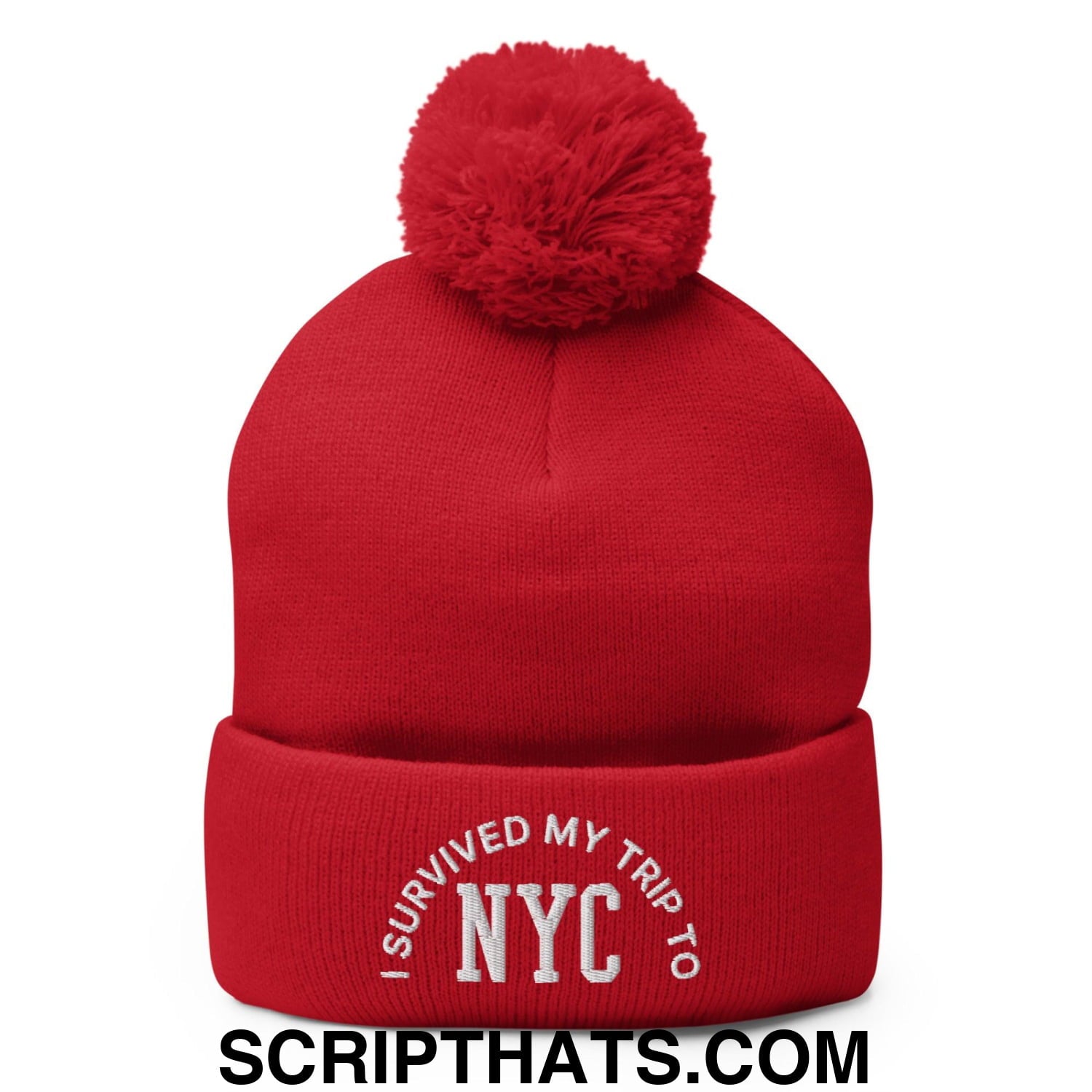I Survived My Trip to NYC Embroidered Knit Pom Pom Beanie Red